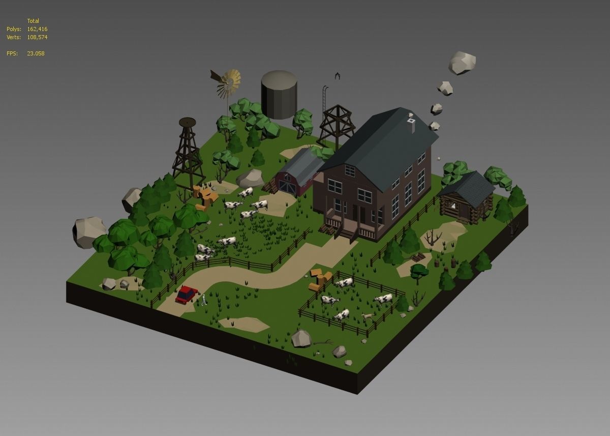 low poly farm with animals and trees 3D model_28