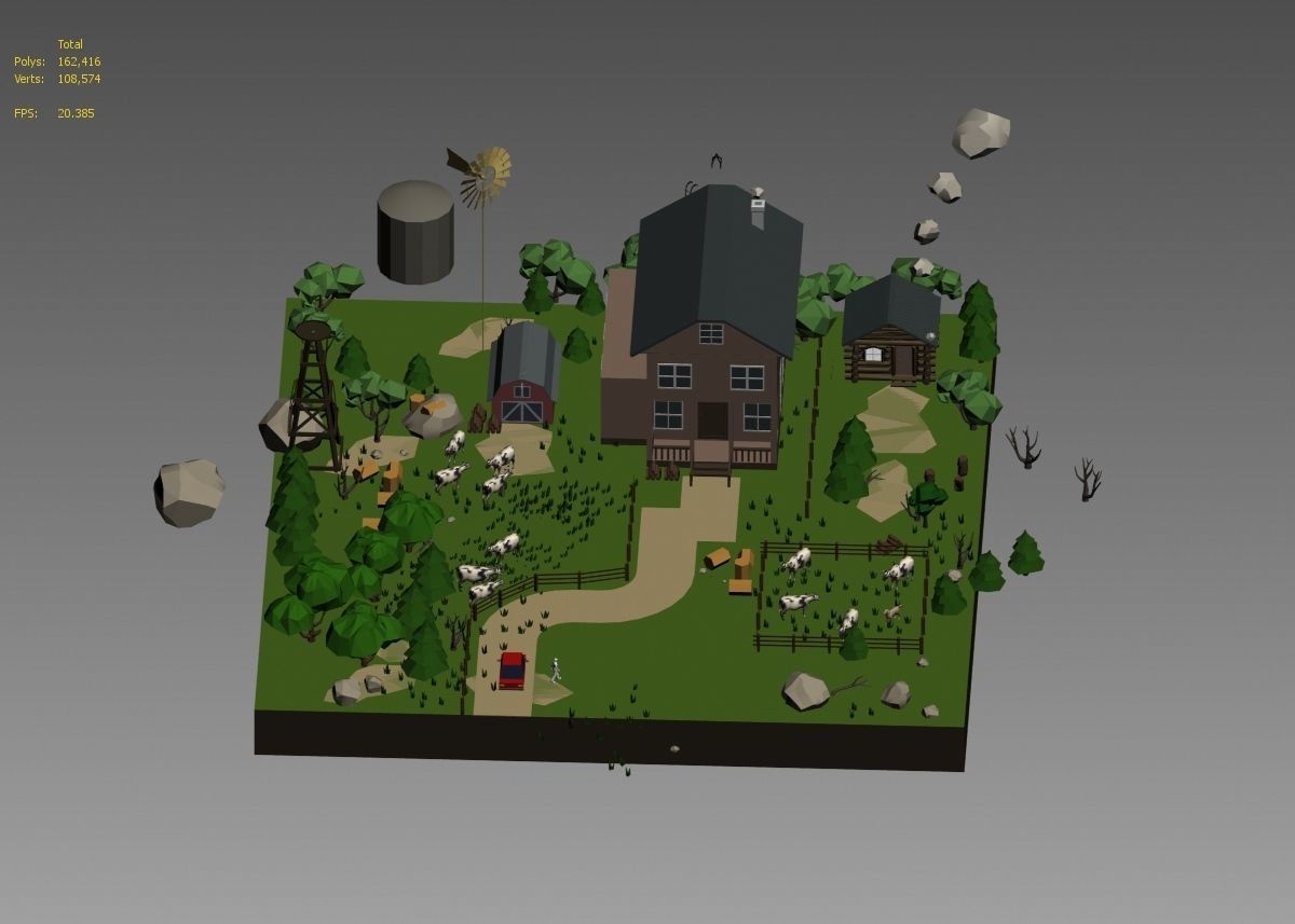 low poly farm with animals and trees 3D model_12