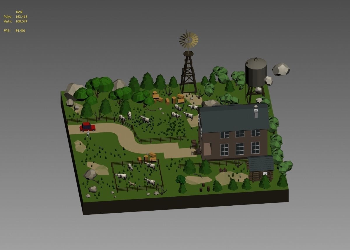 low poly farm with animals and trees 3D model_33