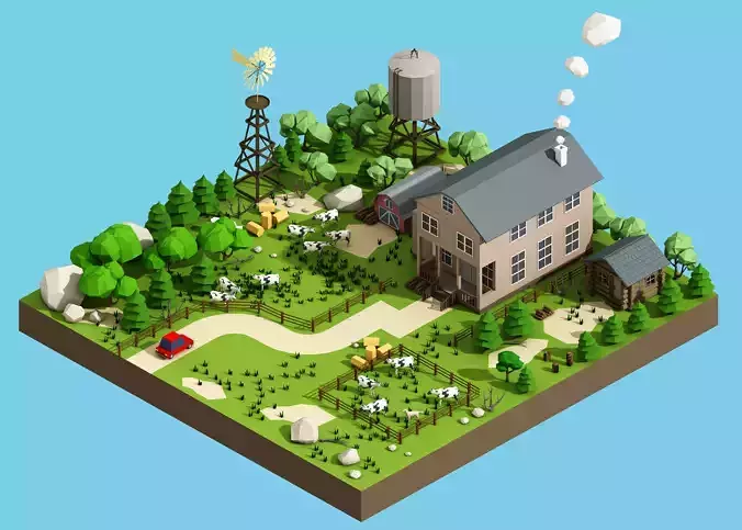 low poly farm with animals and trees 3D model