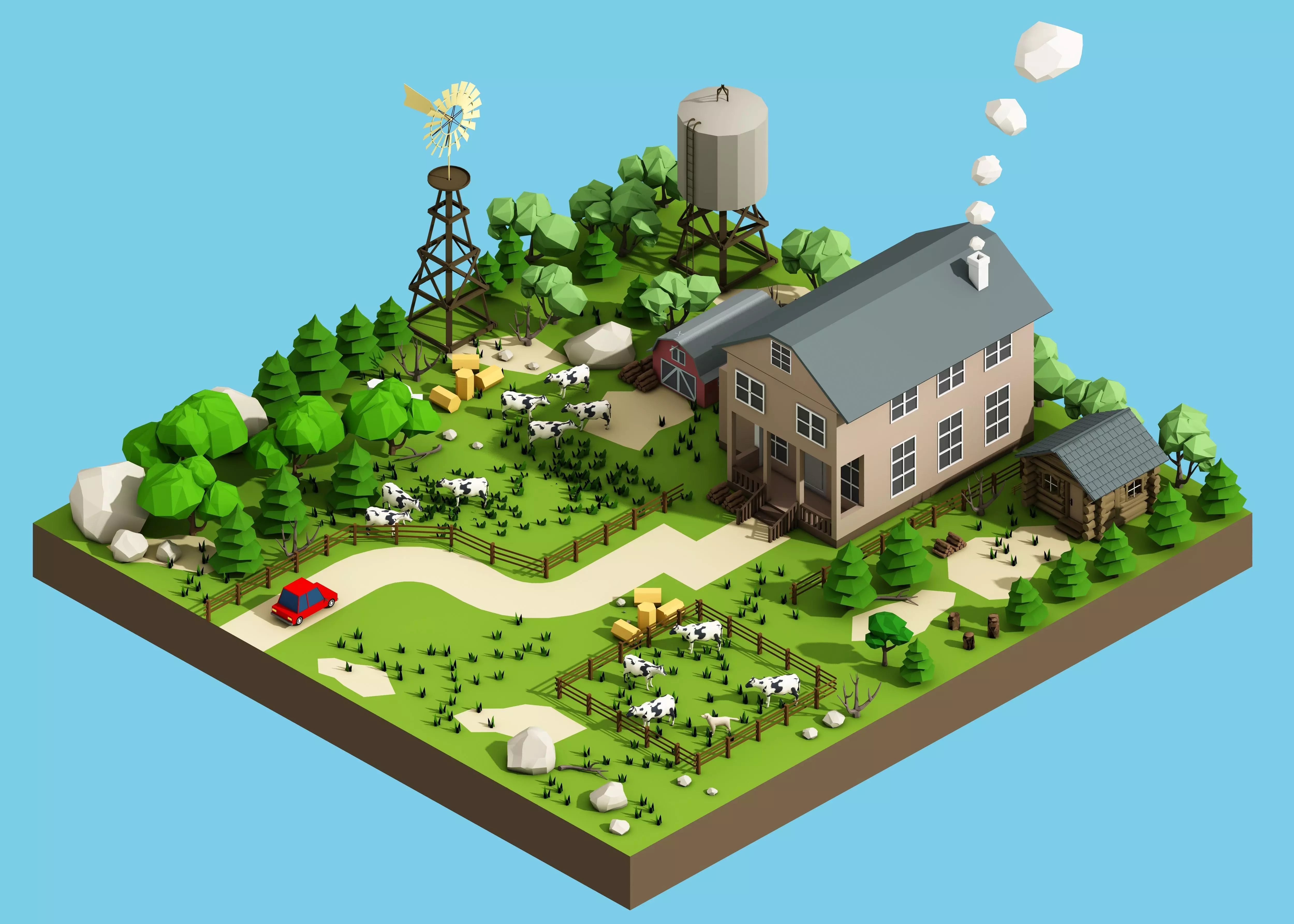low poly farm with animals and trees 3D model_0