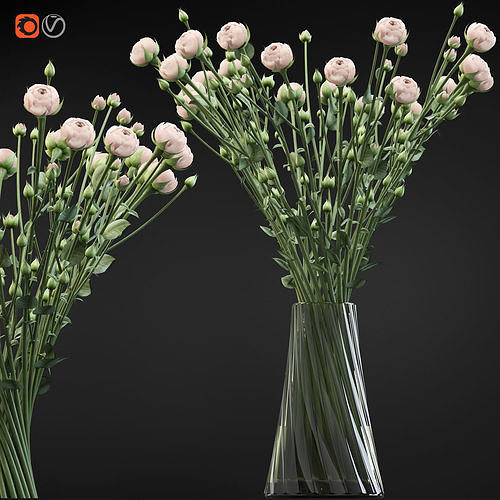 Swirling bouquet of small beige shrub roses in a vase with water 3D model