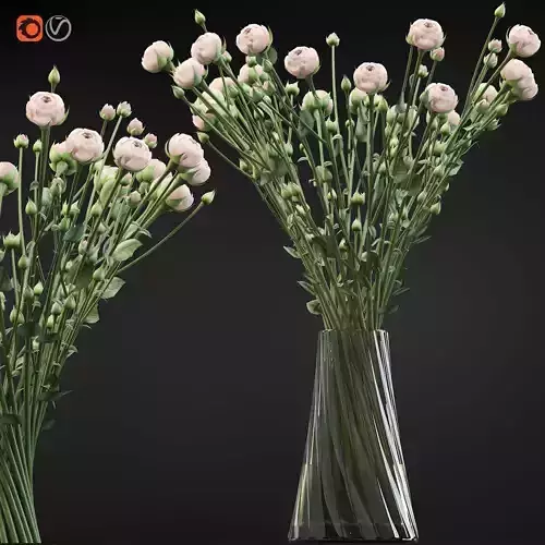 Swirling bouquet of small beige shrub roses in a vase with water