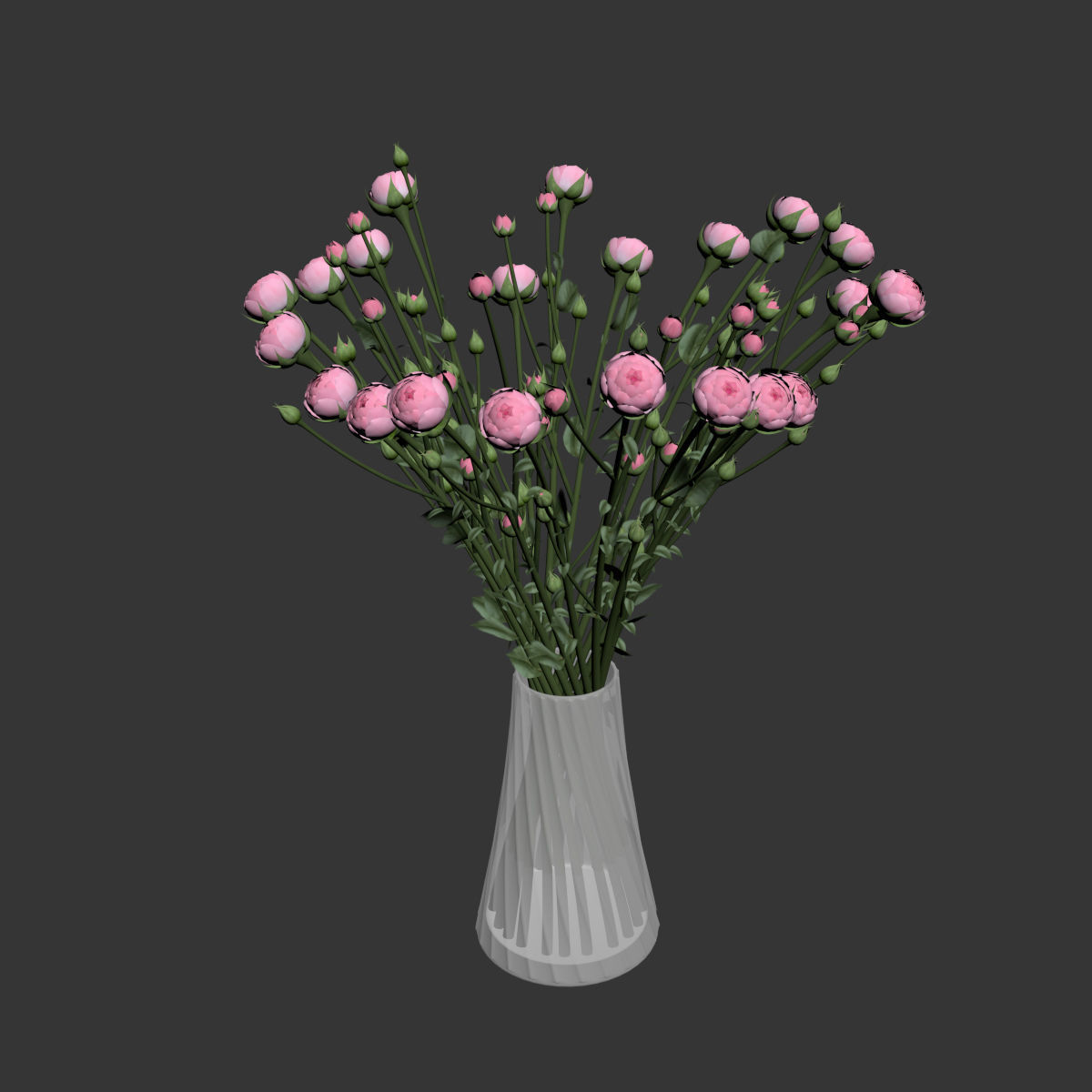 Swirling bouquet of small pink shrub roses in a vase with water 3D model_2
