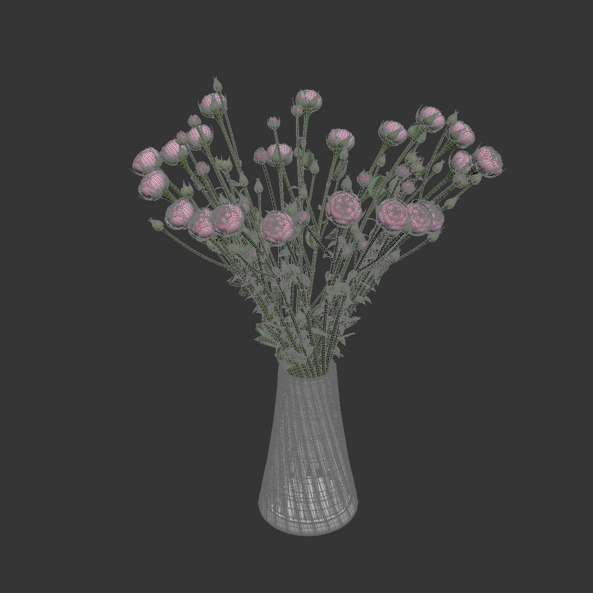 Swirling bouquet of small pink shrub roses in a vase with water 3D model_3
