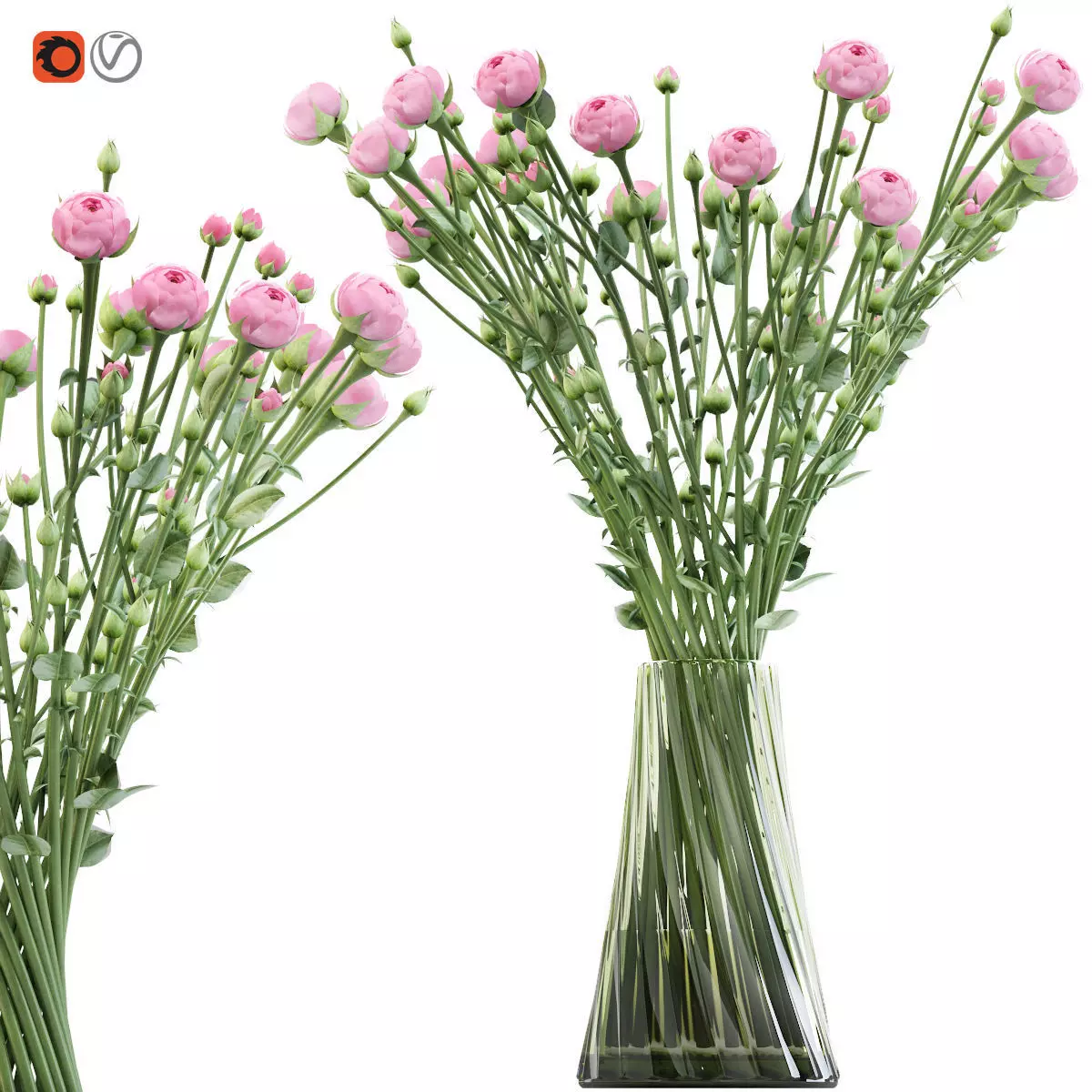 Swirling bouquet of small pink shrub roses in a vase with water 3D model_0