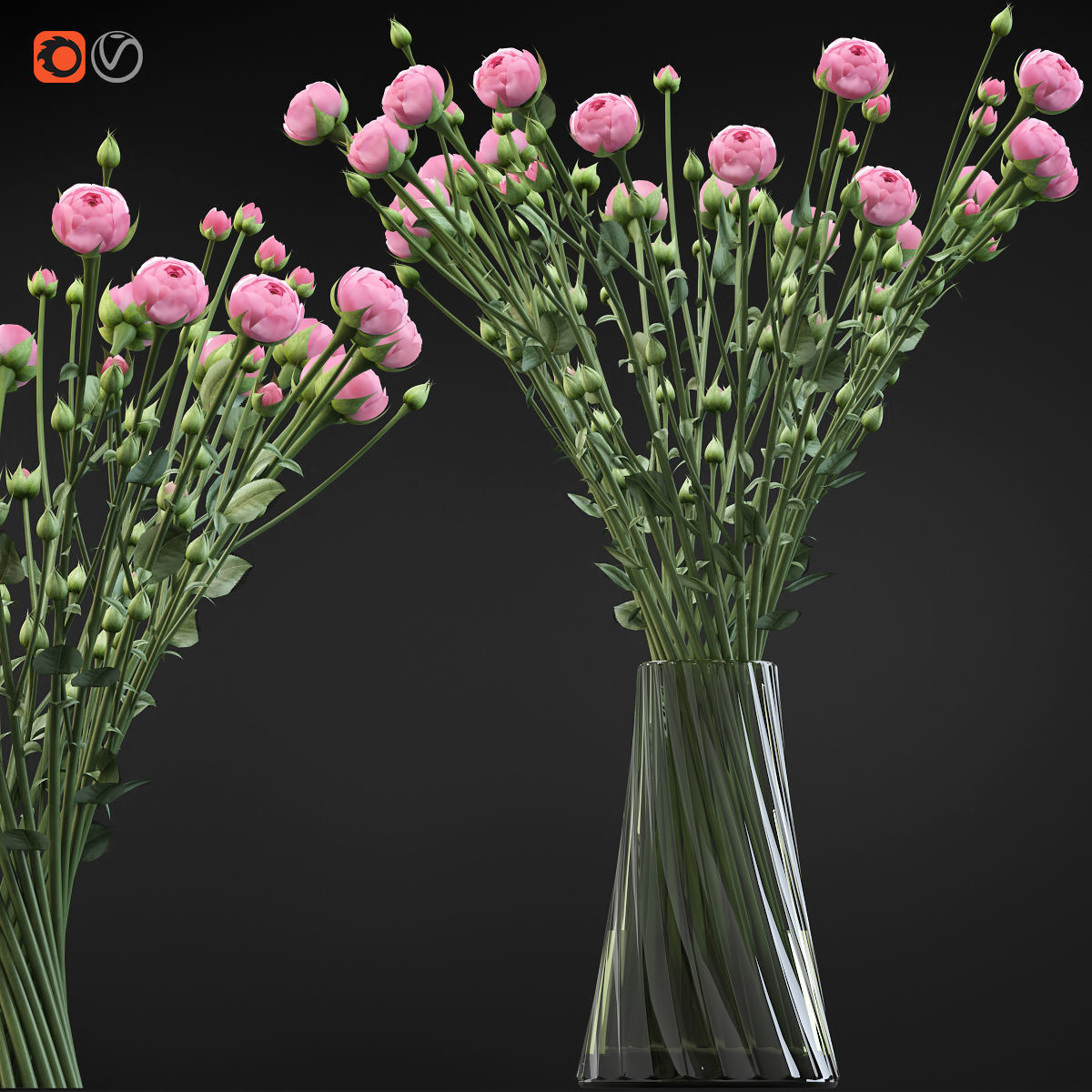 Swirling bouquet of small pink shrub roses in a vase with water 3D model_1