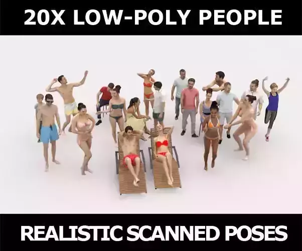 20x 3D PEOPLE LOW POLY SPORT SPORTS BEACH SUMMER PEOPLE CROWDS Low-poly 3D model