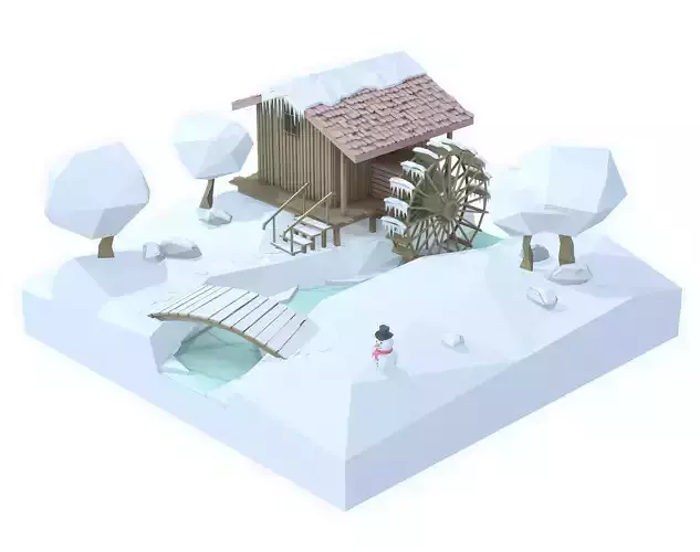 Watermill isometric landscape winter village low poly