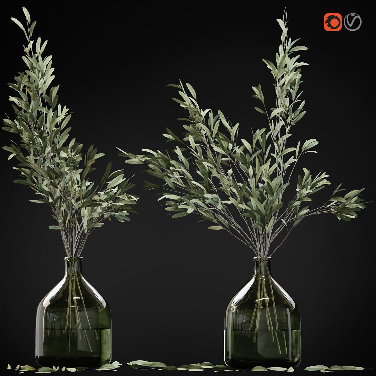 Olive stems in glass vase with water 3D model_1