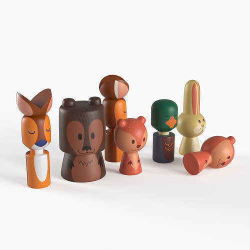 Wooden forest toy animals 3D model