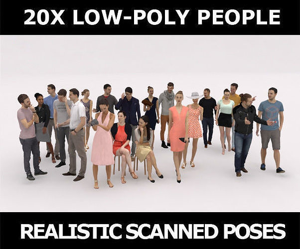 20x LOW POLY CASUAL PEOPLE CROWD MAN WOMAN CHARACTERS Low-poly 3D model