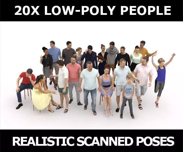 20x LOW POLY CASUAL SUMMER PEOPLE CROWD CHARACTERS Low-poly 3D model_0