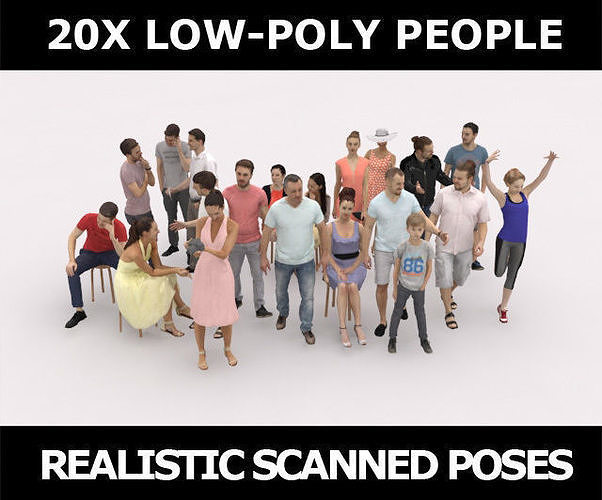 20x LOW POLY CASUAL VOL02 PEOPLE SUMMER CROWD SITTING CHARACTERS Low-poly 3D model