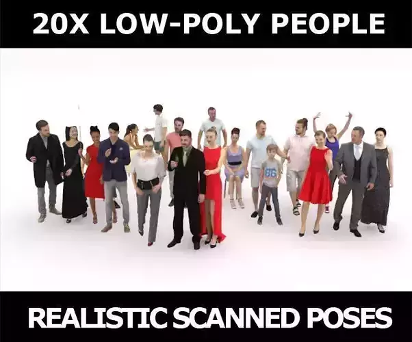 20x LOW POLY CASUAL SUMMER ELEGANT PEOPLE CROWD  Low-poly 3D model