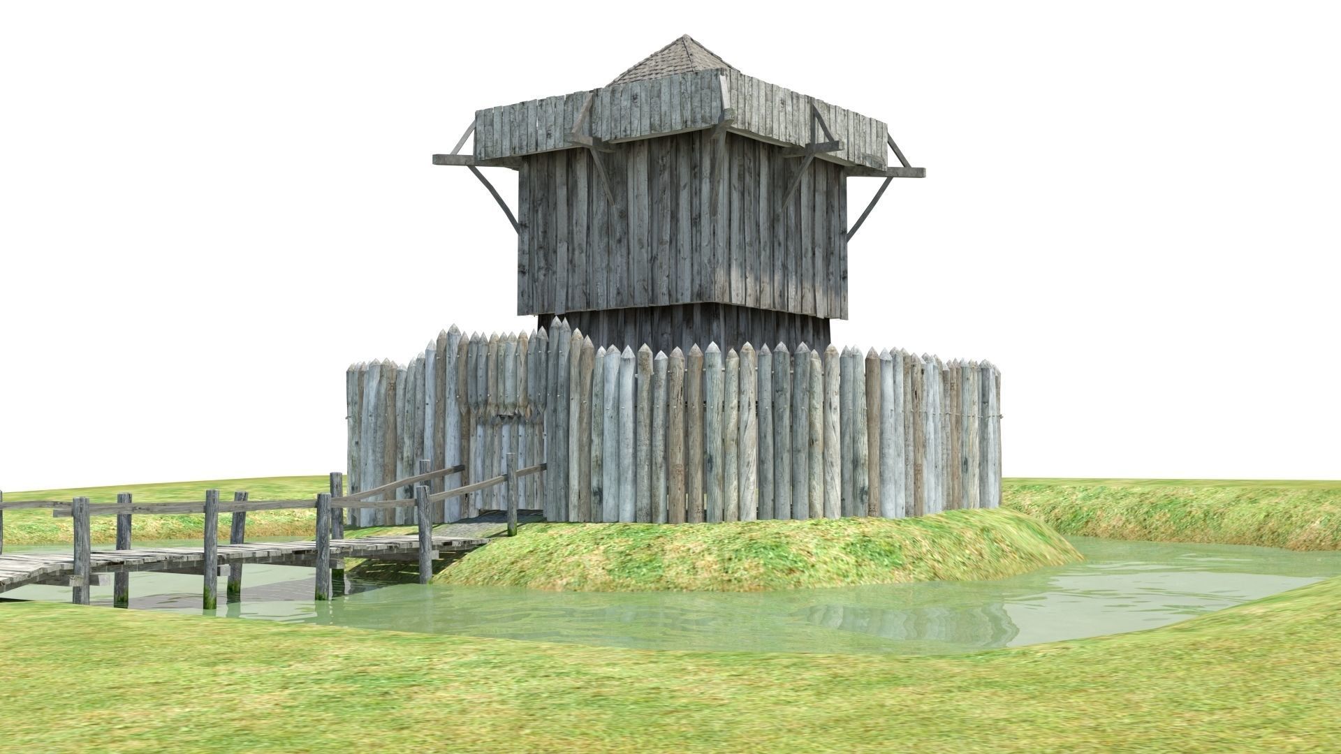 Medieval wooden motte castle with keep and ditch Low-poly 3D model_2