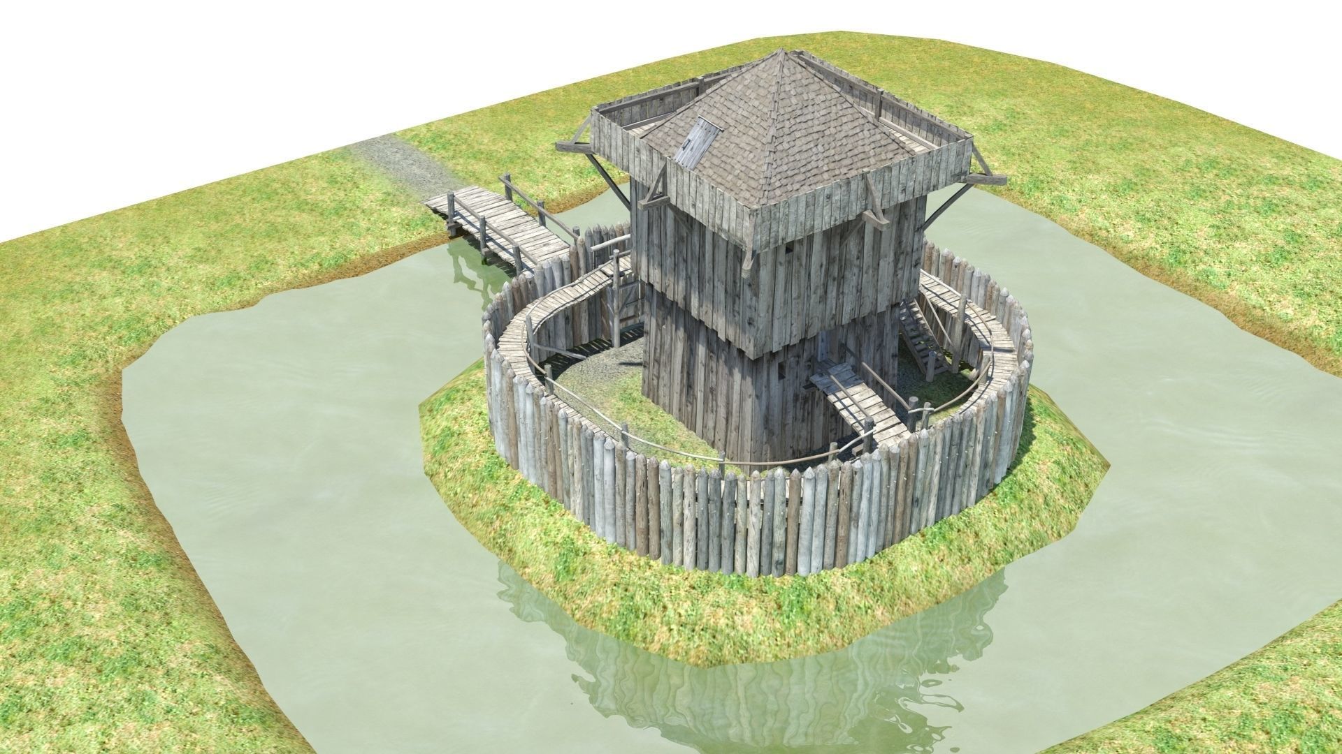 Medieval wooden motte castle with keep and ditch Low-poly 3D model_16