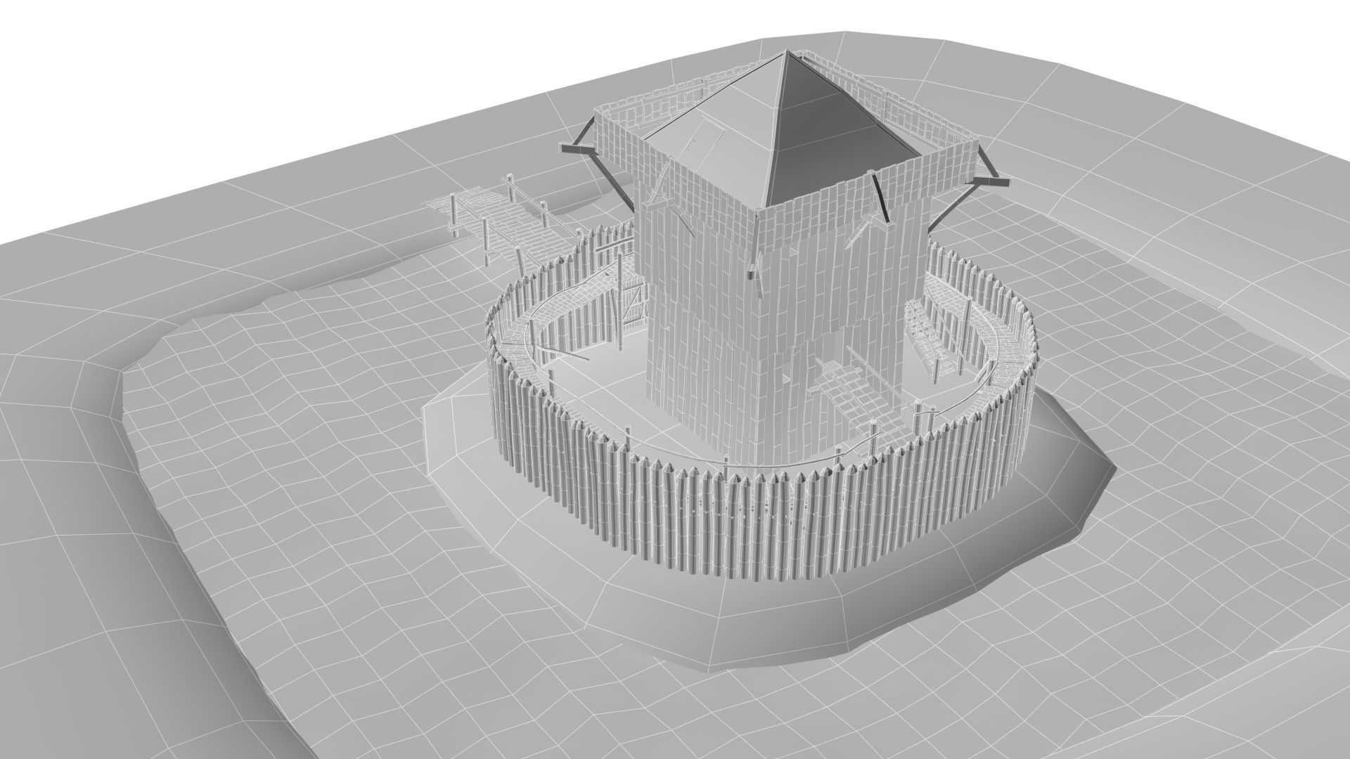 Medieval wooden motte castle with keep and ditch Low-poly 3D model_18
