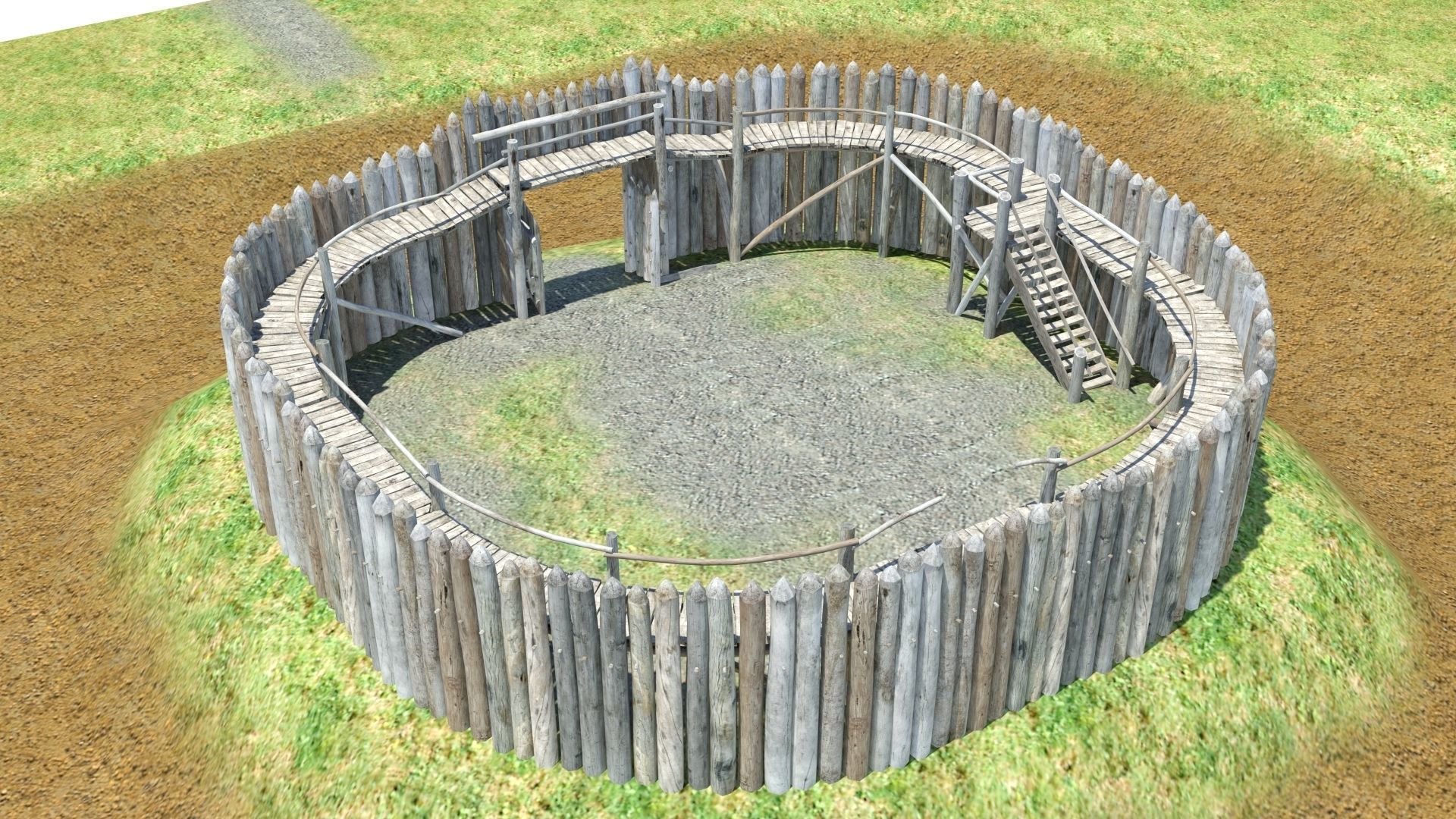 Medieval wooden motte castle with keep and ditch Low-poly 3D model_41