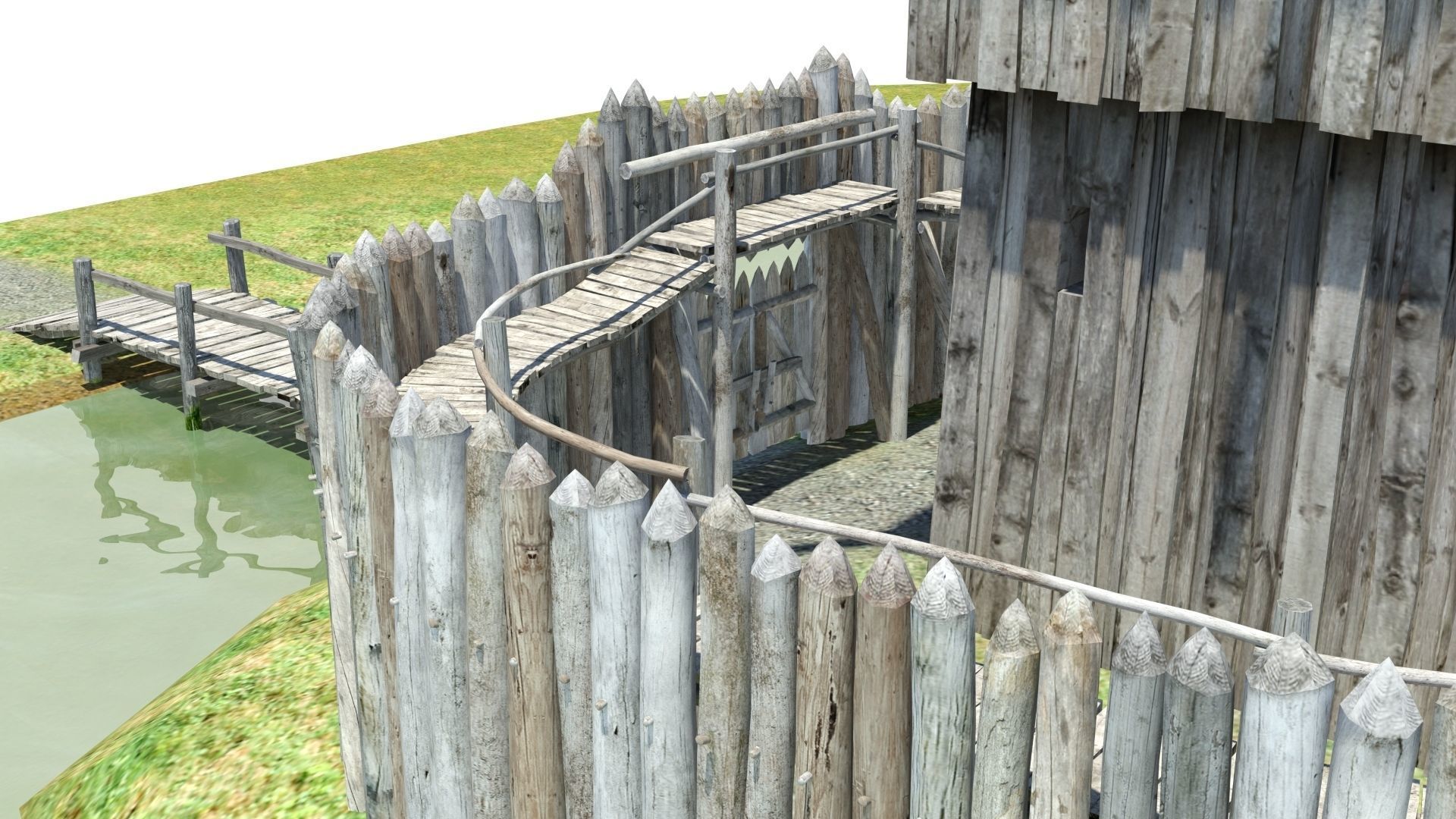 Medieval wooden motte castle with keep and ditch Low-poly 3D model_35
