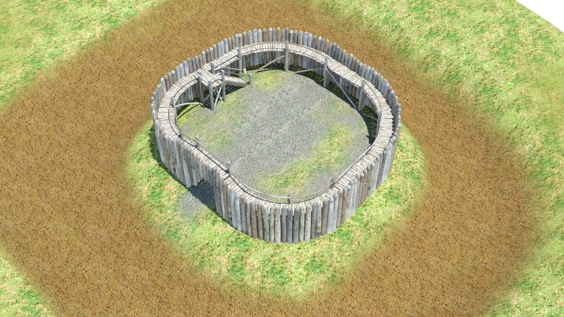 Medieval wooden motte castle with keep and ditch Low-poly 3D model_39