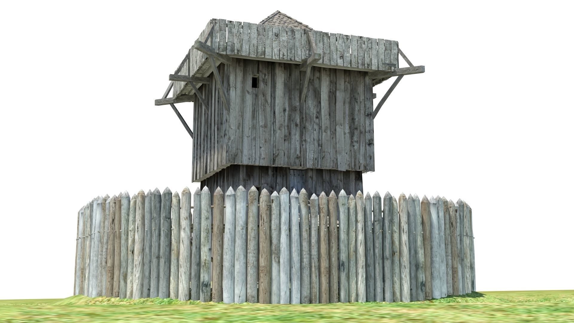 Medieval wooden motte castle with keep and ditch Low-poly 3D model_4