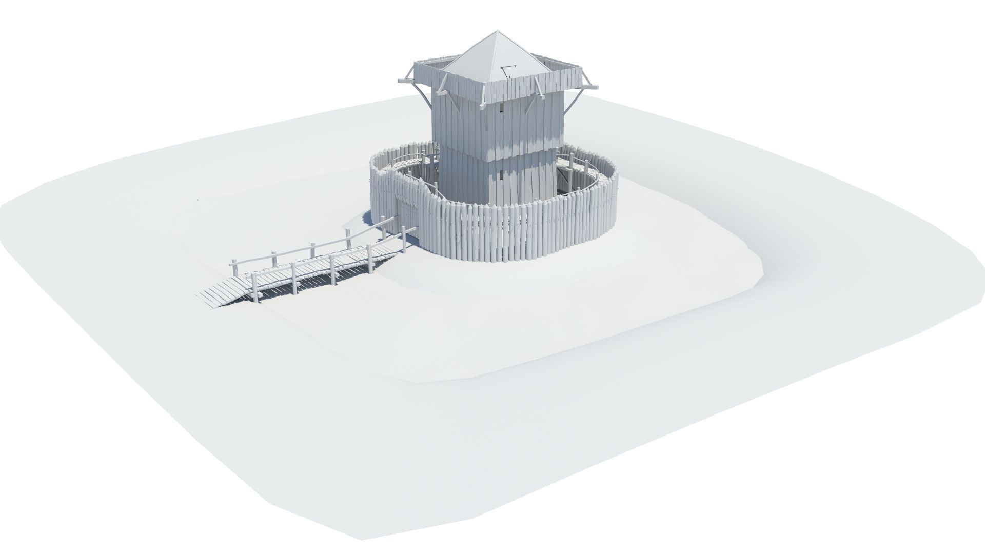 Medieval wooden motte castle with keep and ditch Low-poly 3D model_1