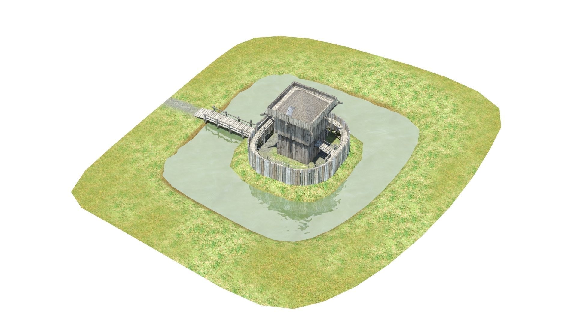 Medieval wooden motte castle with keep and ditch Low-poly 3D model_14