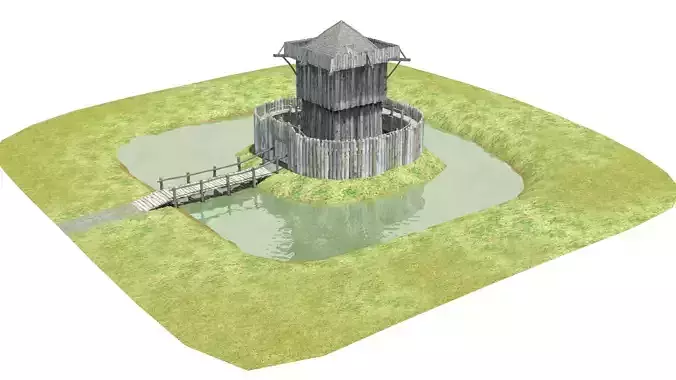 Medieval wooden motte castle with keep and ditch Low-poly 3D model