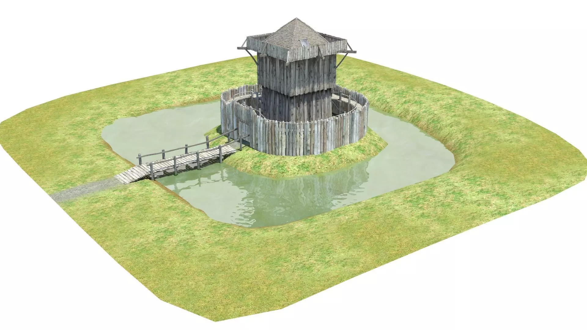 Medieval wooden motte castle with keep and ditch Low-poly 3D model_0