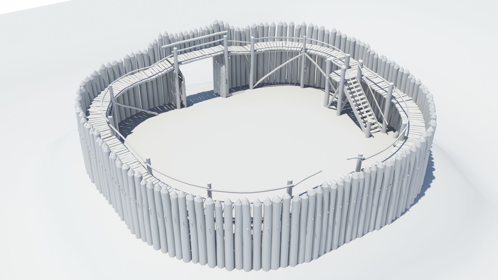 Medieval wooden motte castle with keep and ditch Low-poly 3D model_42