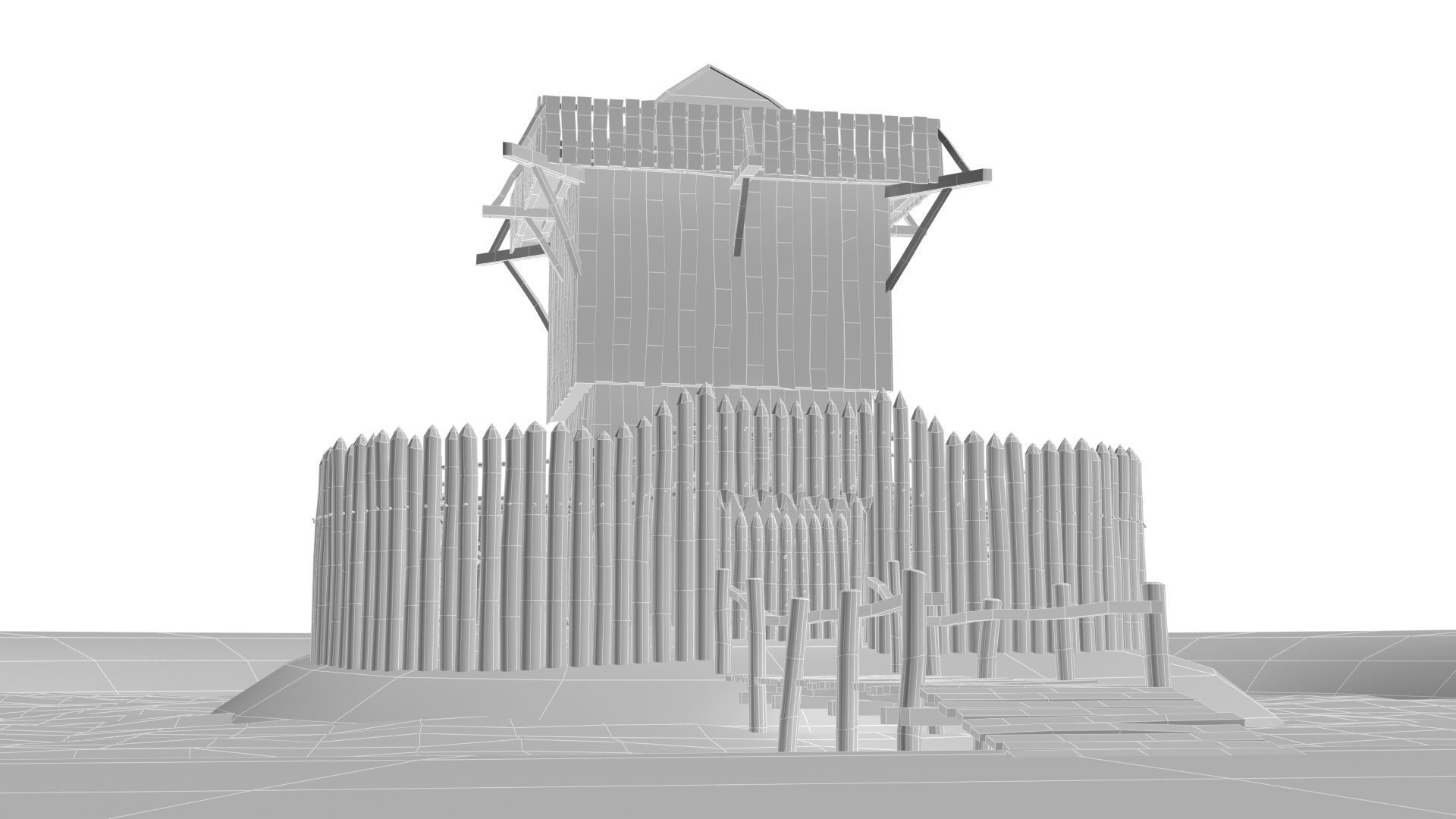 Medieval wooden motte castle with keep and ditch Low-poly 3D model_9