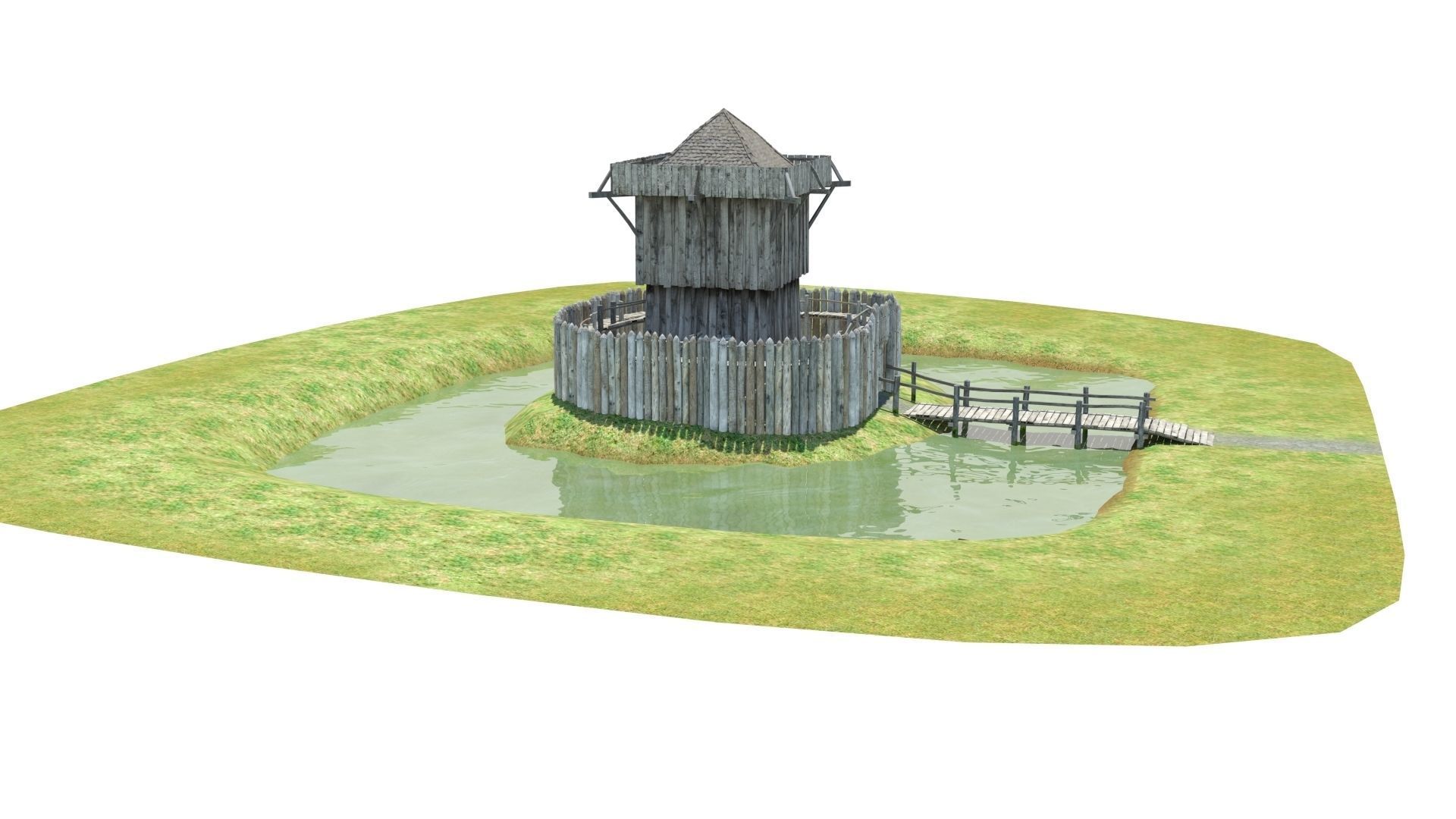 Medieval wooden motte castle with keep and ditch Low-poly 3D model_10