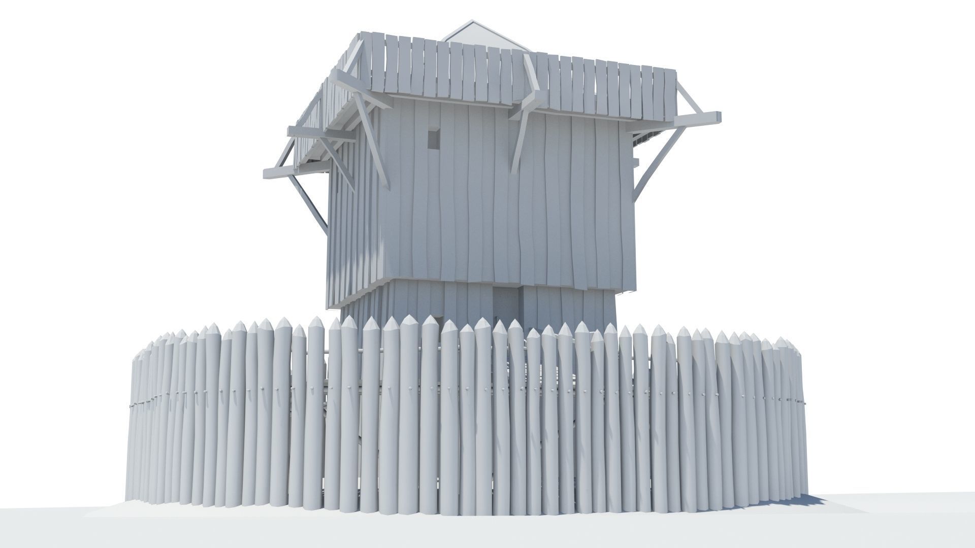 Medieval wooden motte castle with keep and ditch Low-poly 3D model_5