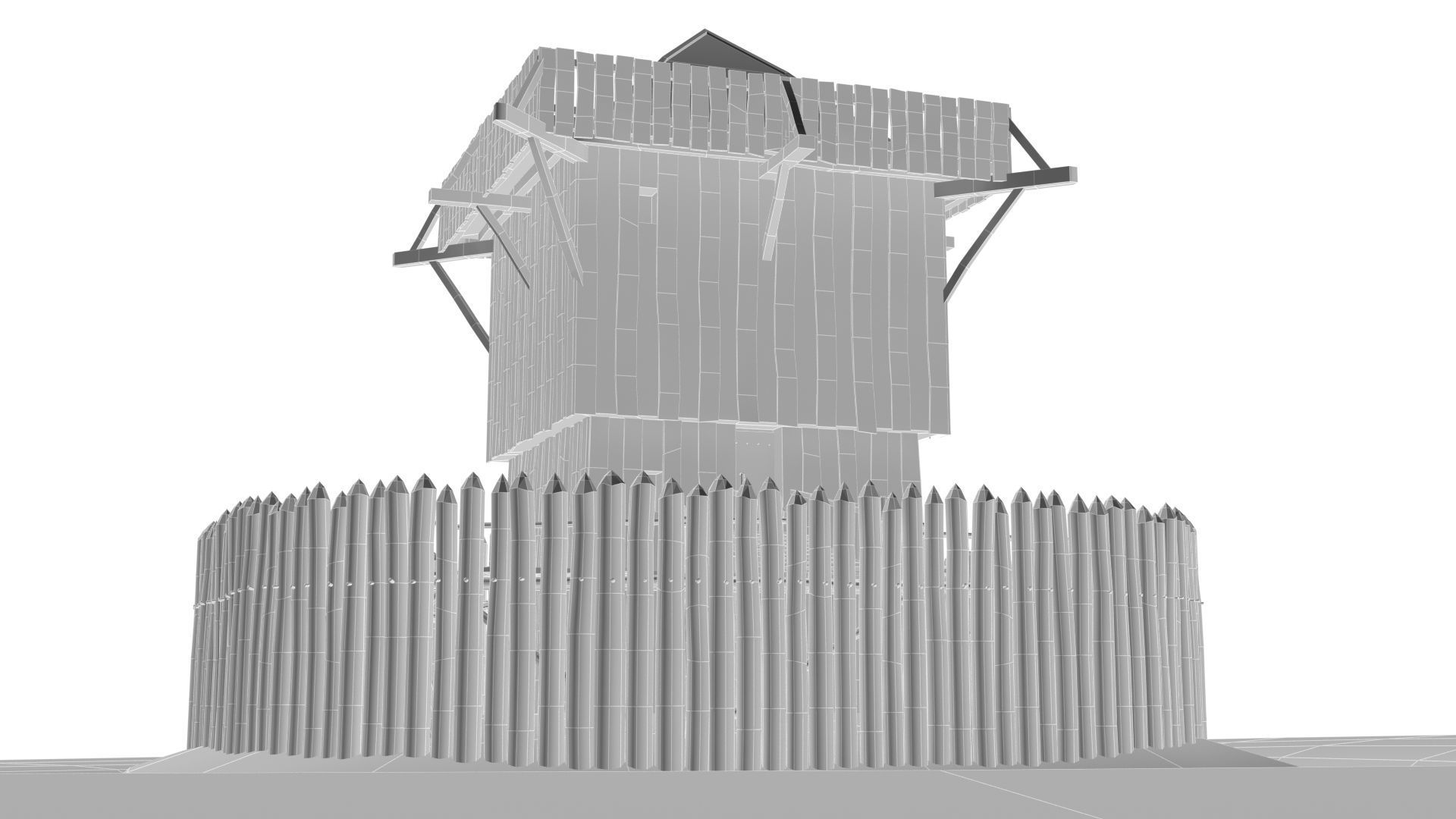 Medieval wooden motte castle with keep and ditch Low-poly 3D model_6