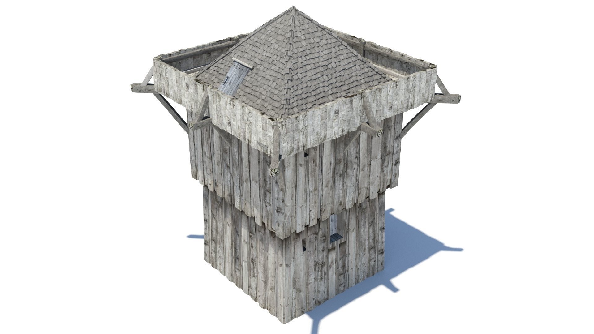 Medieval wooden motte castle with keep and ditch Low-poly 3D model_37
