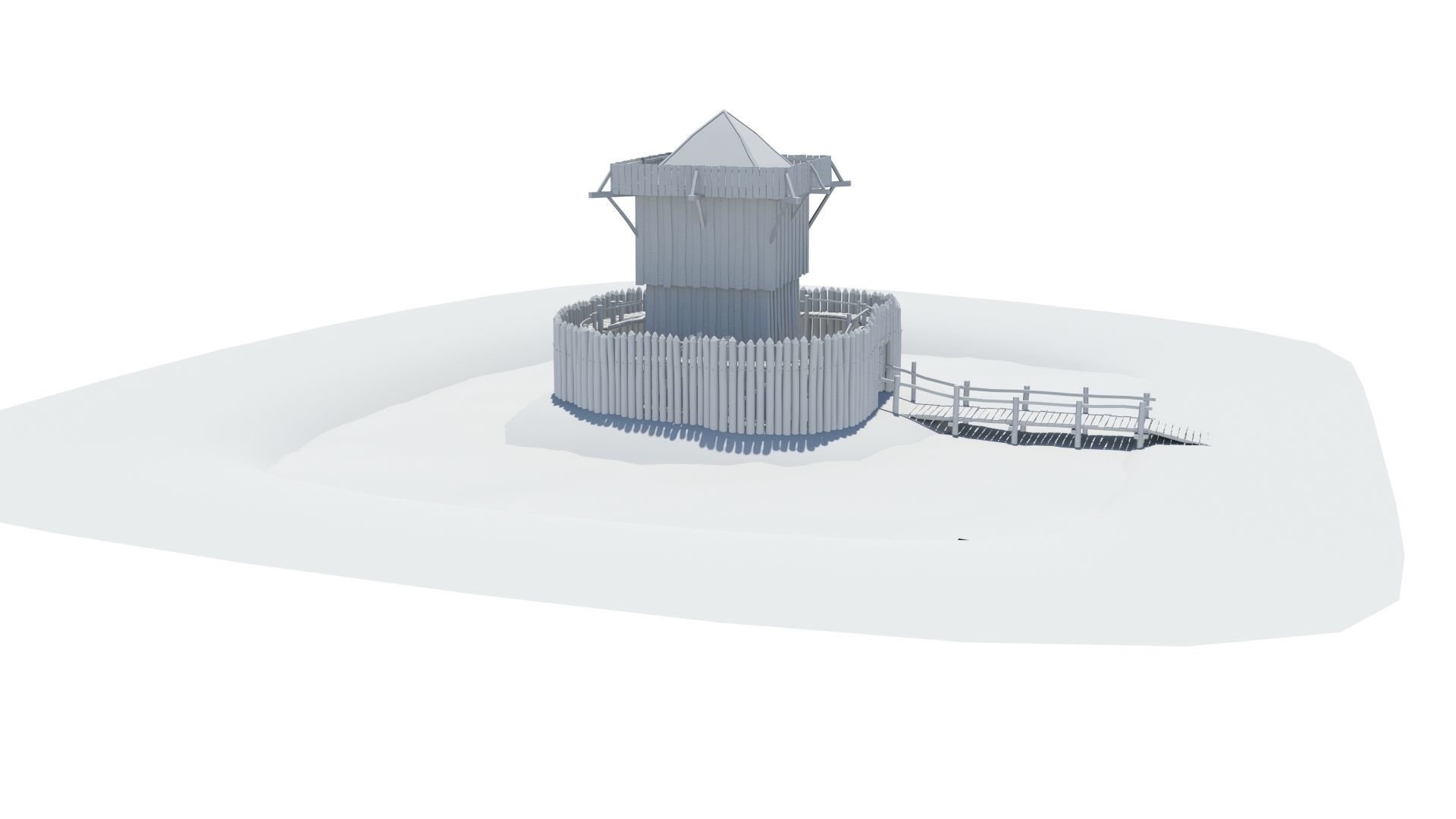 Medieval wooden motte castle with keep and ditch Low-poly 3D model_11