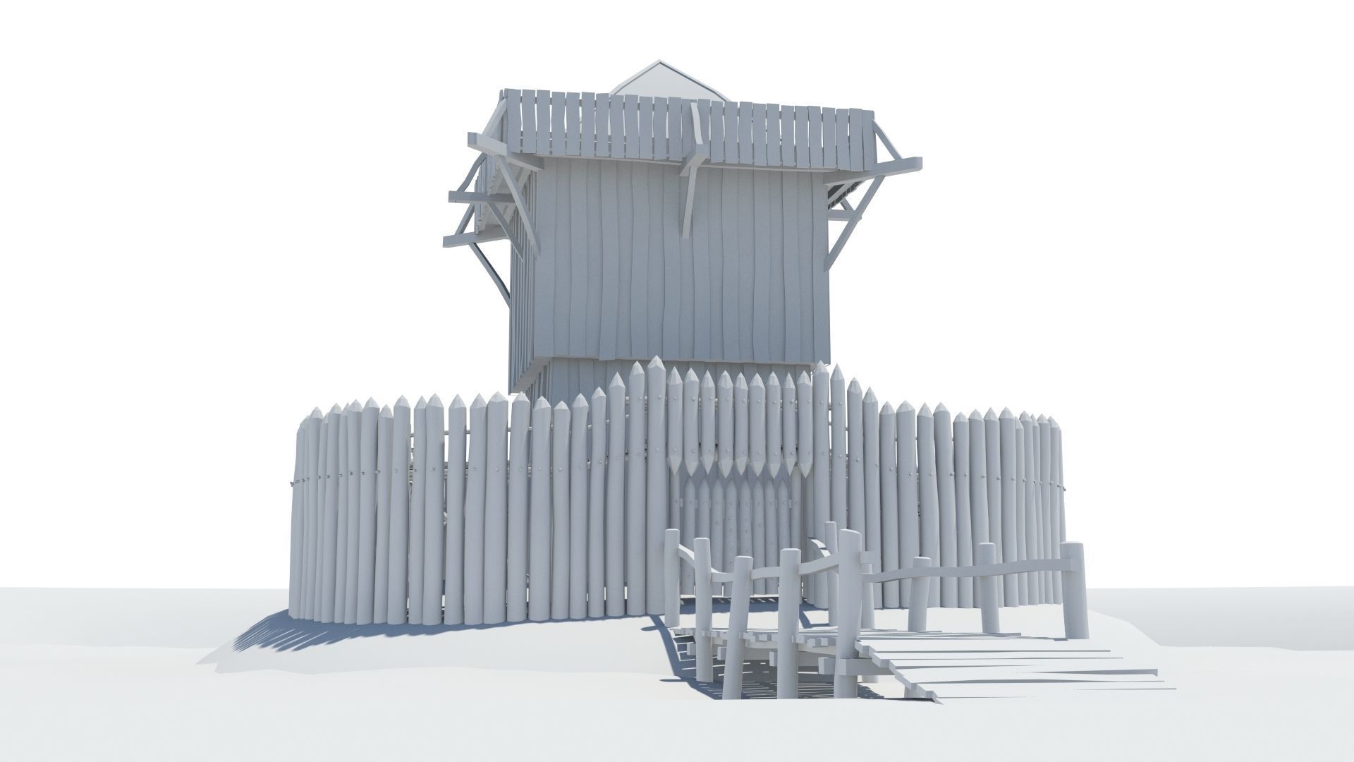 Medieval wooden motte castle with keep and ditch Low-poly 3D model_8