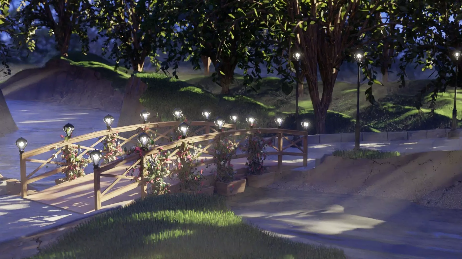 Bridge in woods with lights 3D model