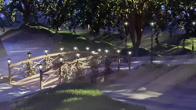 Bridge in woods with lights