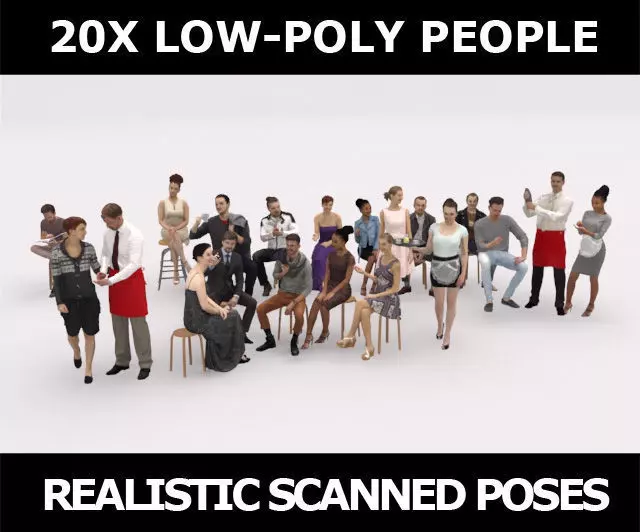 20x LOW POLY CASUAL ELEGANT CAFE PEOPLE CROWD CHARACTER Low-poly 3D model