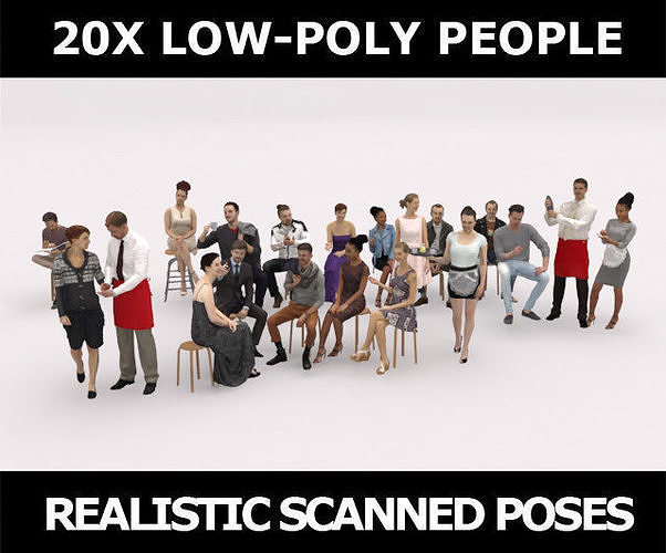 20x LOW POLY CASUAL ELEGANT CAFE PEOPLE CROWD  CHARACTER Low-poly 3D model