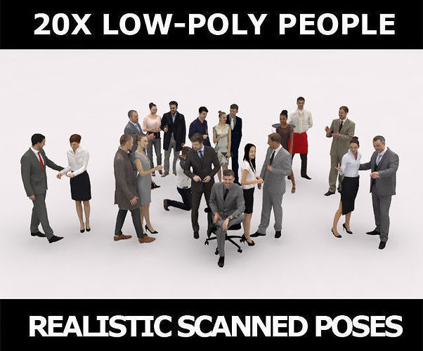20x LOW POLY ELEGANT BUSINESS PEOPLE CROWD CHARACTERS MIX Low-poly 3D model