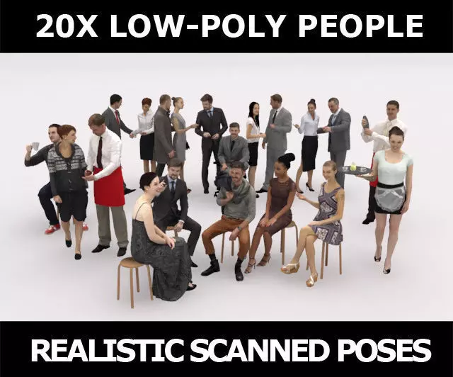20x LOW POLY ELEGANT BUSINESS CASUAL CAFE PEOPLE CROWD Low-poly 3D model_0