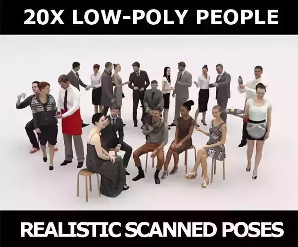 20x LOW POLY ELEGANT BUSINESS CASUAL CAFE PEOPLE CROWD Low-poly 3D model
