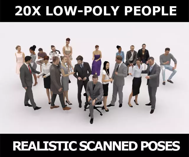 20x LOW POLY BUSINESS ELEGANT CASUAL CAFE PEOPLE CROWD CHARACTER Low-poly 3D model
