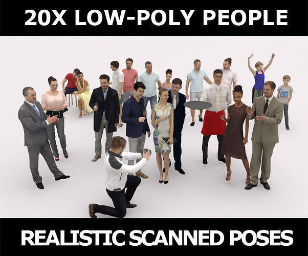 20x LOW POLY ELEGANT CASUAL SUMMER PEOPLE CROWD CHARACTER Low-poly 3D model