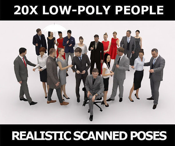 20x LOW POLY BUSINESS ELEGANT CASUAL CAFE PEOPLE CROWD CHARACTER Low-poly 3D model