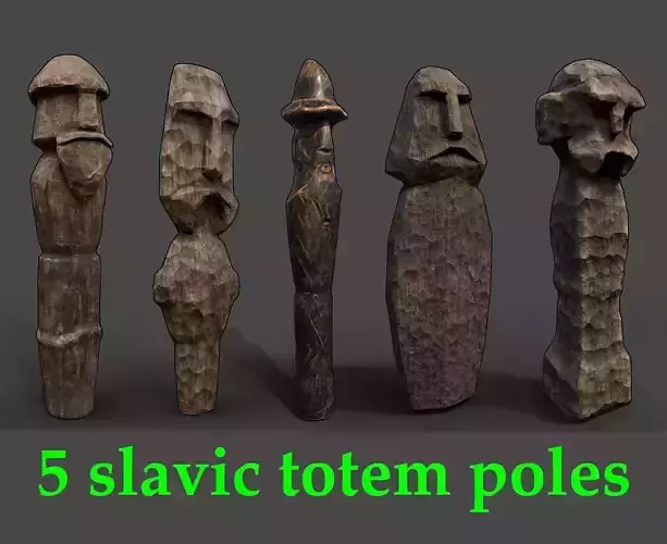 AAA Carved Slavic Wooden Medieval Settlement Totem Statue Pack 3D Model Collection