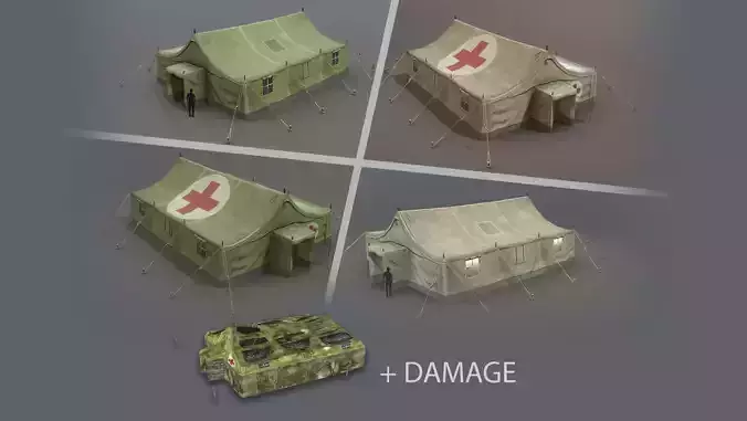 Military Tent 01 FourLiveries with Damage Low-poly 3D model